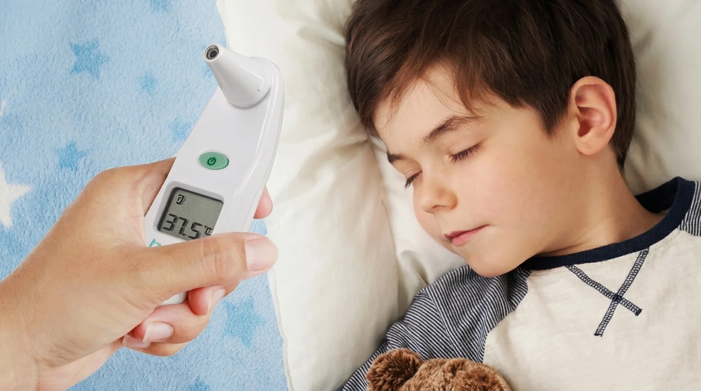 Ruka drží digitální ušní teploměr Beper s naměřenou teplotou 37,5 °C vedle spícího chlapce.