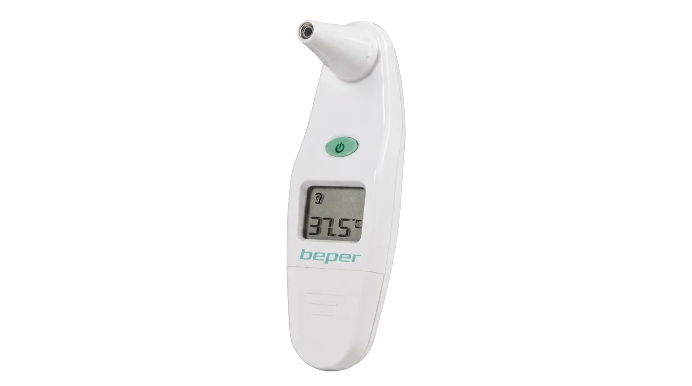 Bílý digitální ušní teploměr Beper s LCD displejem zobrazujícím teplotu 37,5 °C a zeleným zapínacím tlačítkem.