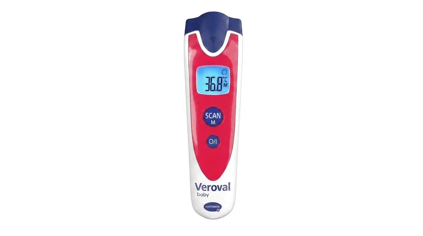Bezdotykový teploměr HARTMANN Veroval baby v bílo-červeném provedení s modrými detaily a displejem zobrazujícím teplotu 36,8 °C.