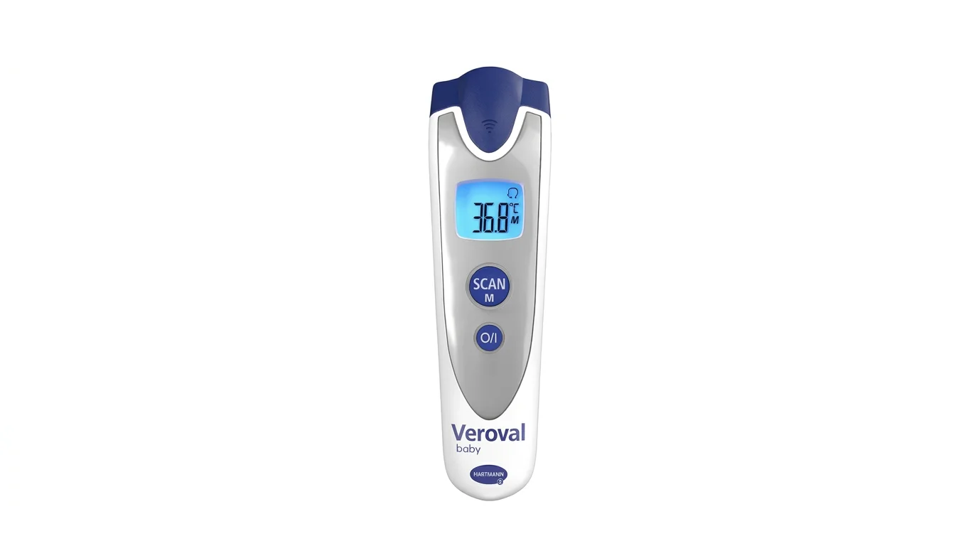 Bezdotykový teploměr Veroval baby v bílo-modrém provedení s podsvíceným displejem zobrazujícím teplotu 36,8 °C.