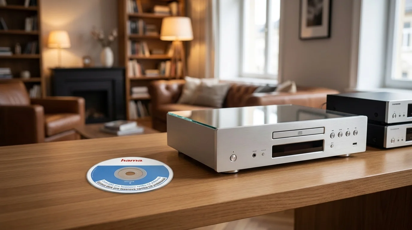 Čisticí CD disk Hama položený na dřevěném stole vedle stříbrného CD přehrávače v obývacím pokoji.