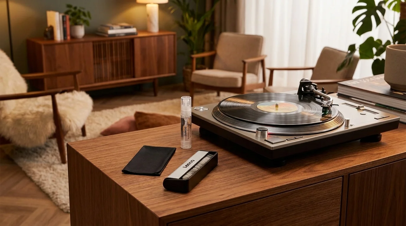 Čisticí sada Lenco s kartáčkem, sprejem a utěrkou na dřevěném stolku vedle gramofonu s vinylovou deskou.