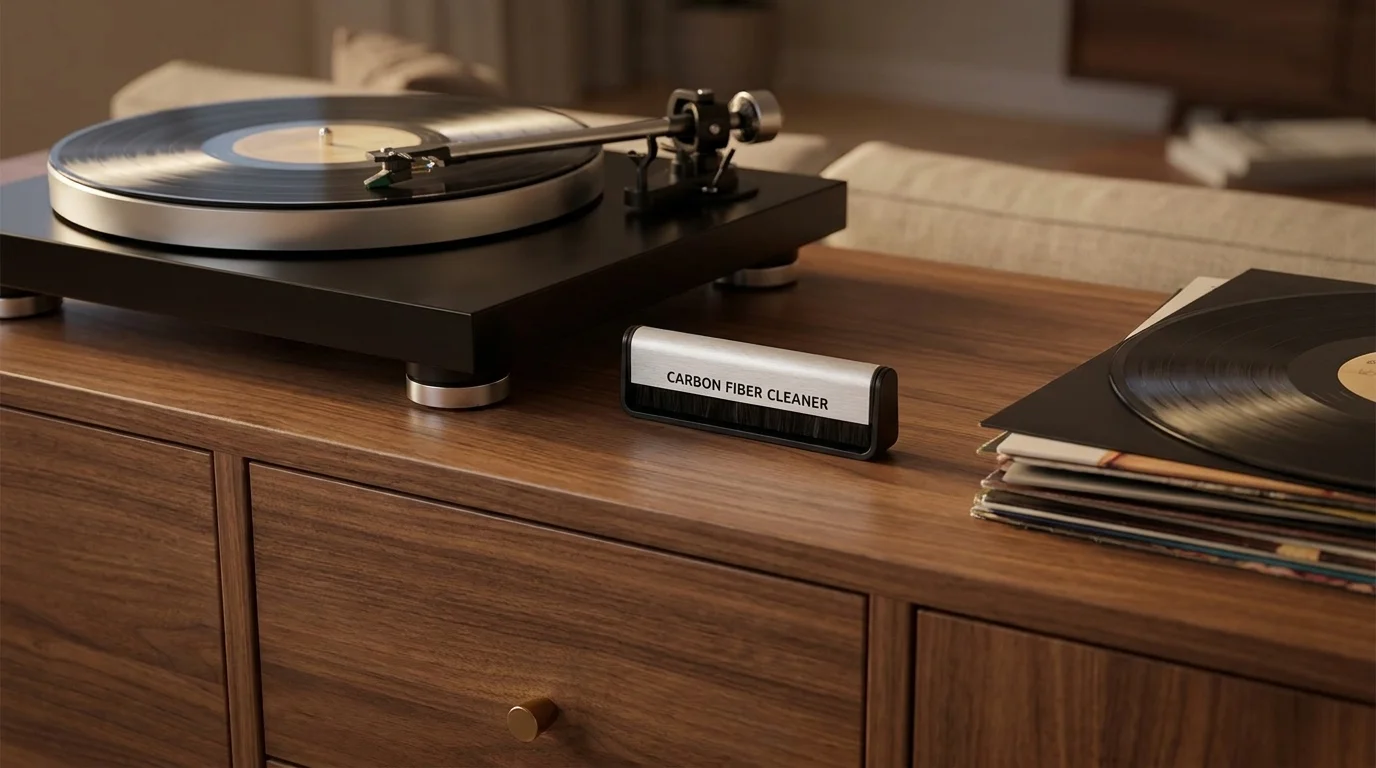 Čisticí kartáček na LP desky stojí na dřevěné komodě vedle gramofonu a vinylových desek.