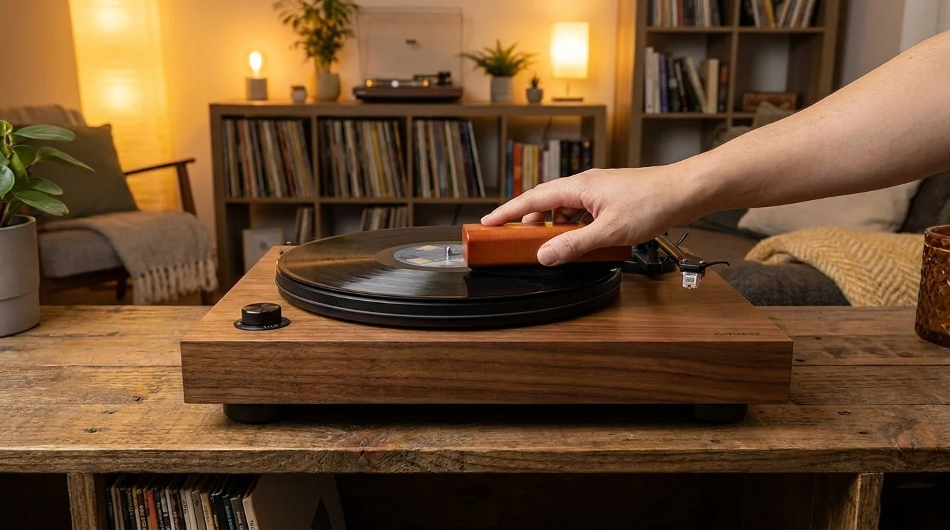 Čištění vinylové desky na gramofonu sametovým kartáčem s dřevěným držadlem ze sady Lenco TTA 5IN1.