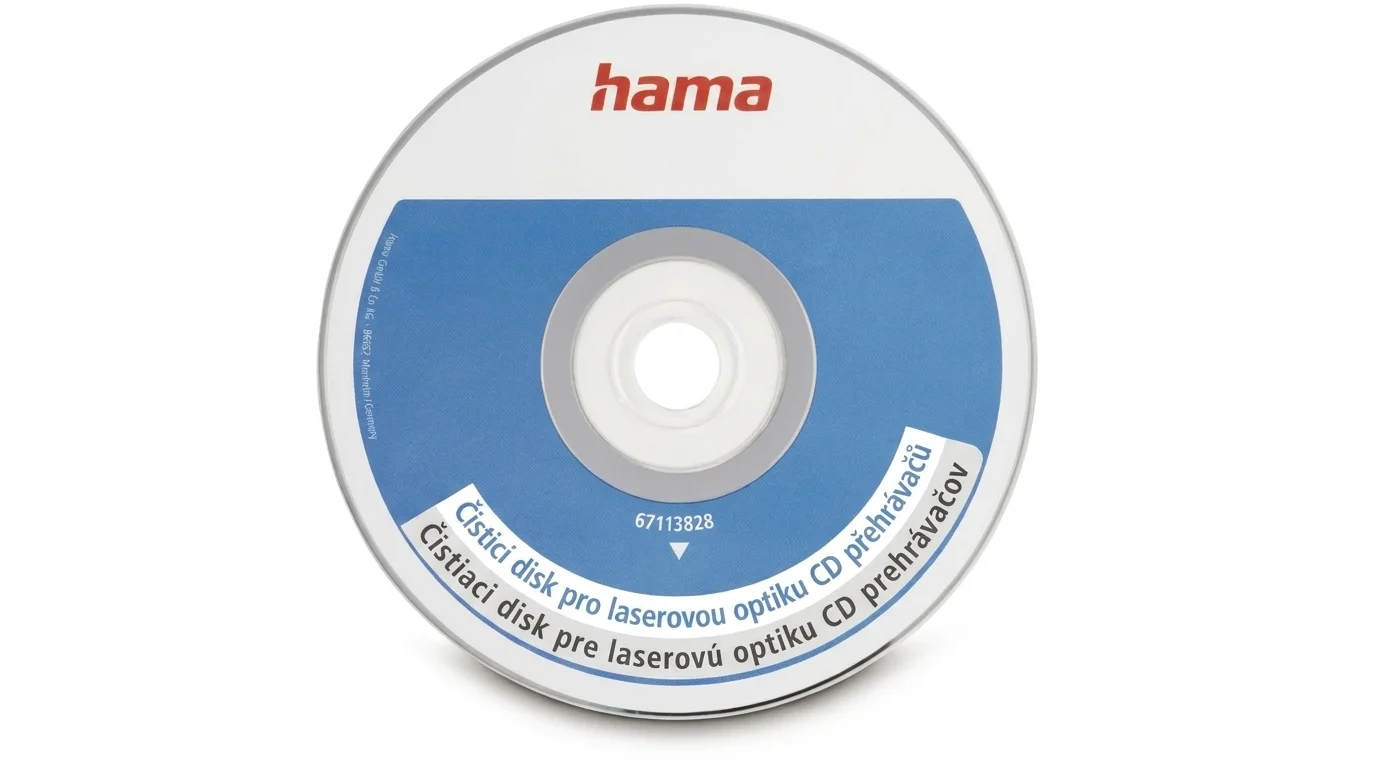 Čisticí CD disk Hama pro laserovou optiku CD přehrávačů v bílo-modrém provedení s červeným logem značky.