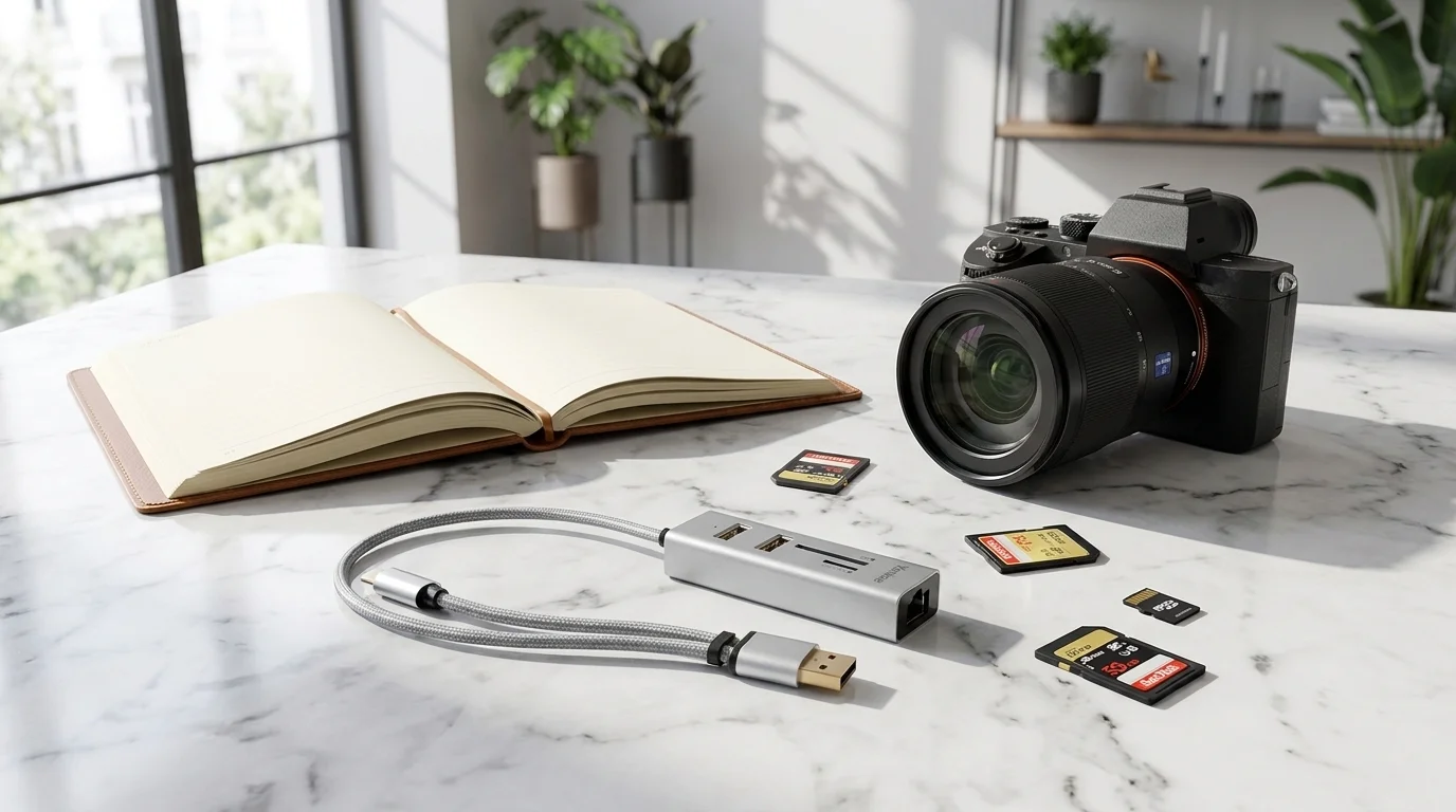Čtečka karet Yenkee YHC 103SR s USB kabelem na mramorovém stole vedle fotoaparátu, otevřeného zápisníku a několika paměťových karet.