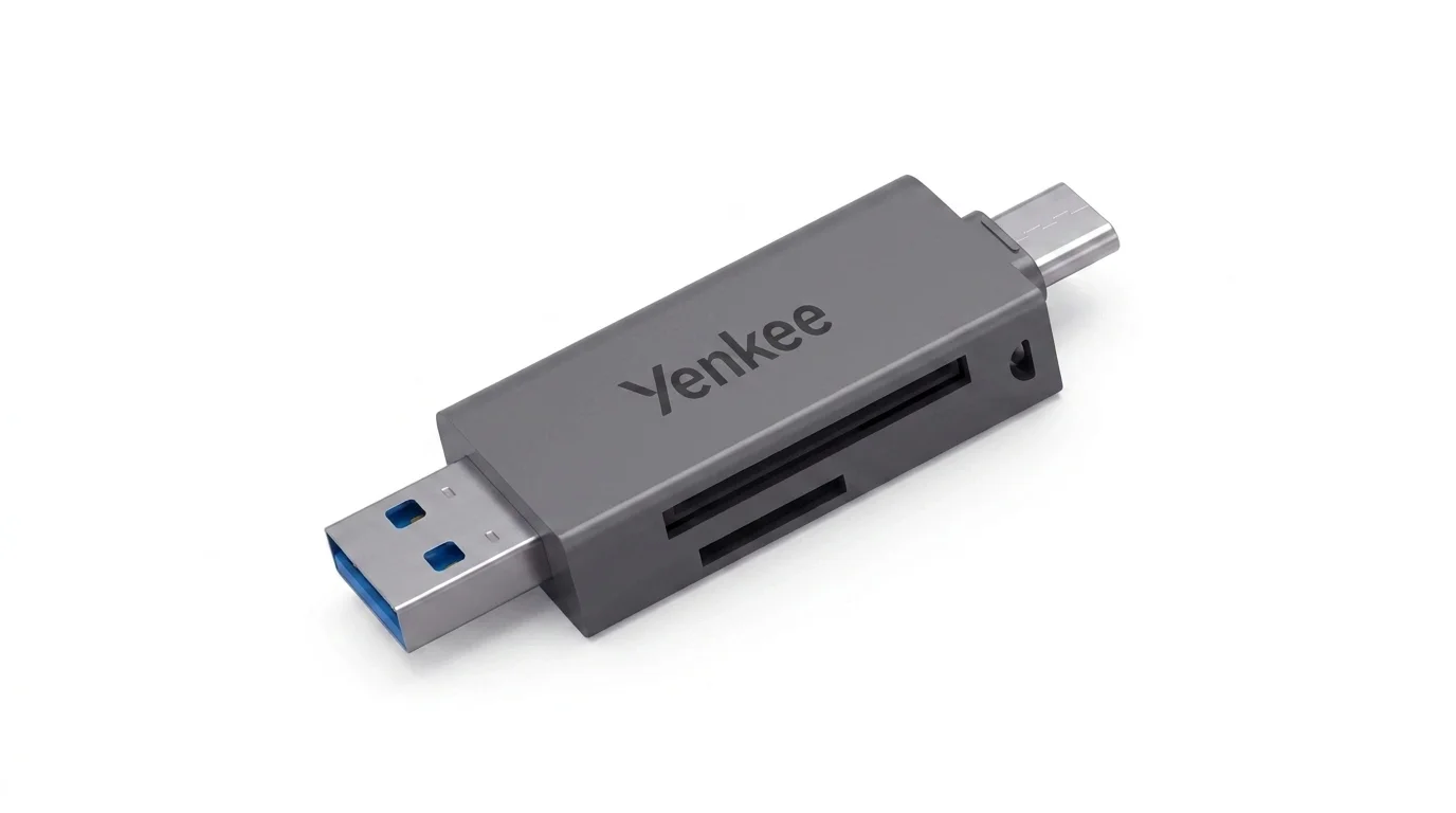 Sivá čítačka kariet Yenkee YCR 401 Combo s konektormi USB-A a USB-C a dvoma slotmi na pamäťové karty.