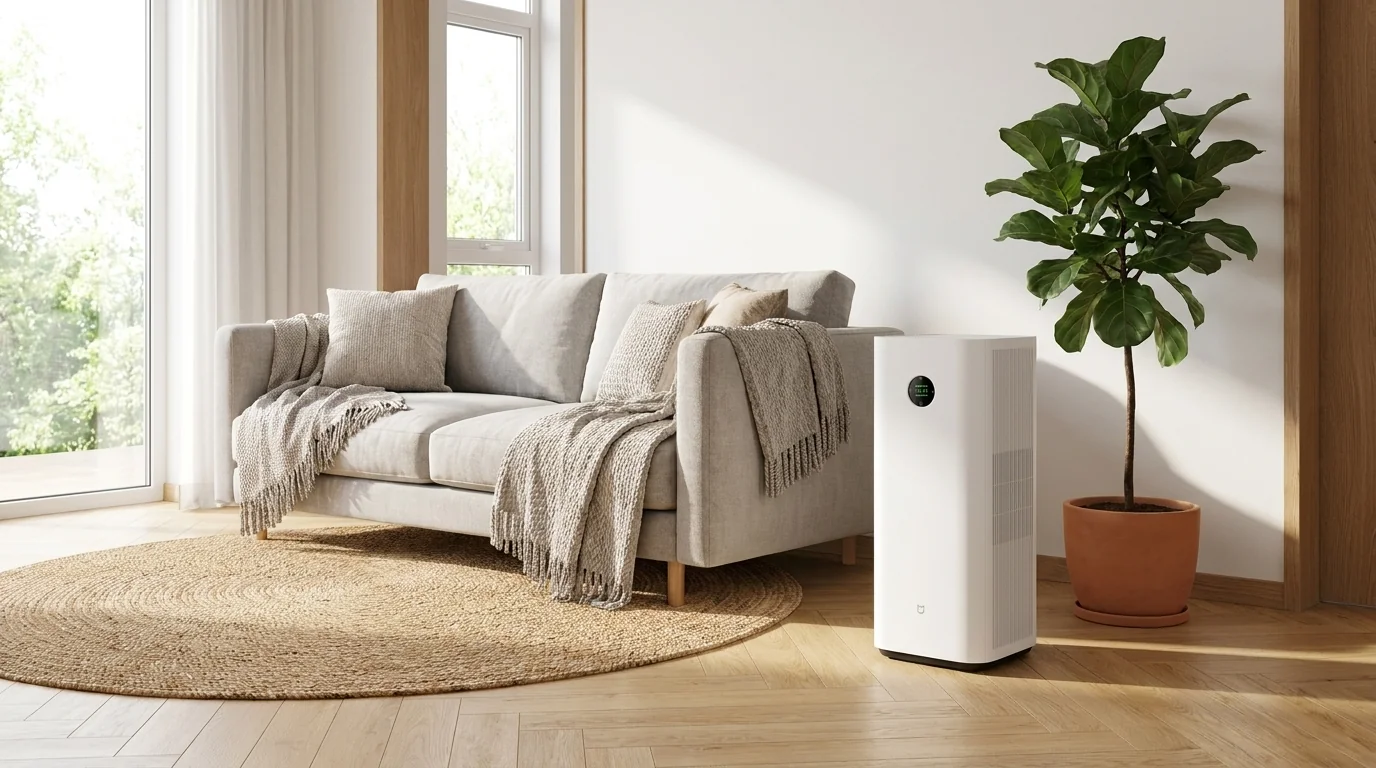 Biela čistička vzduchu Xiaomi AC-M35-SC s kruhovým displejom v svetlej obývačke vedľa pohovky a izbovej rastliny.