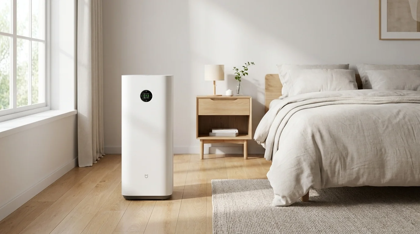 Biela čistička vzduchu Xiaomi AC-M35-SC s okrúhlym displejom stojí na drevenej podlahe v svetlej spálni.