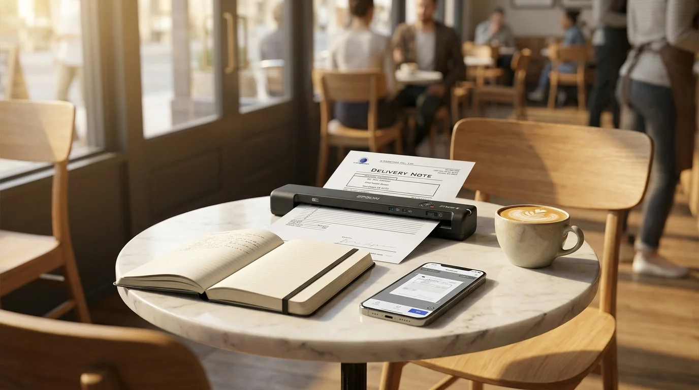 Mobilní skener Epson WorkForce ES-60W skenuje dokument na stolku v kavárně vedle chytrého telefonu a kávy.