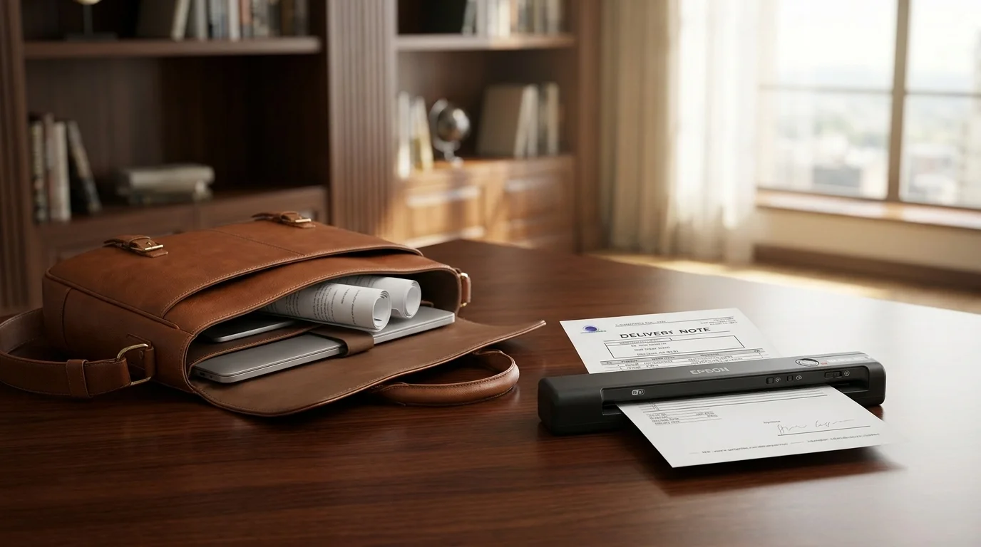 Přenosný skener Epson WorkForce ES-60W skenuje dokument na dřevěném stole vedle otevřené kožené brašny.