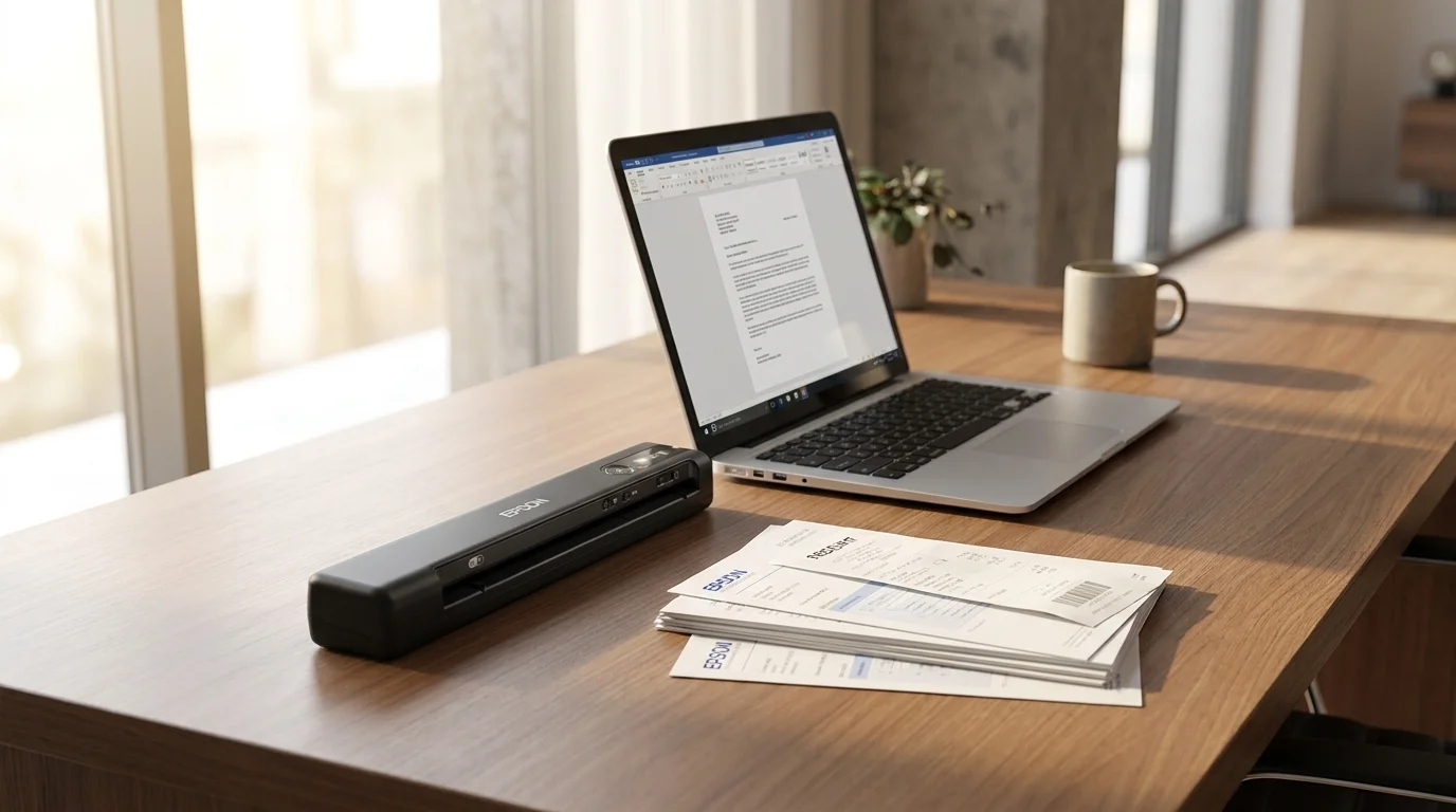 Kompaktní mobilní skener Epson WorkForce ES-60W na dřevěném stole vedle notebooku a stohu dokumentů.