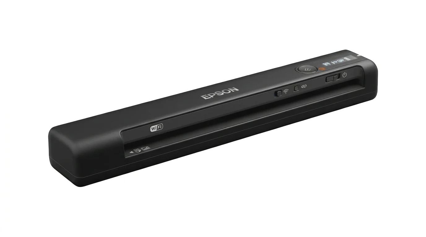 Kompaktní černý mobilní skener Epson WorkForce ES-60W na bílém pozadí.