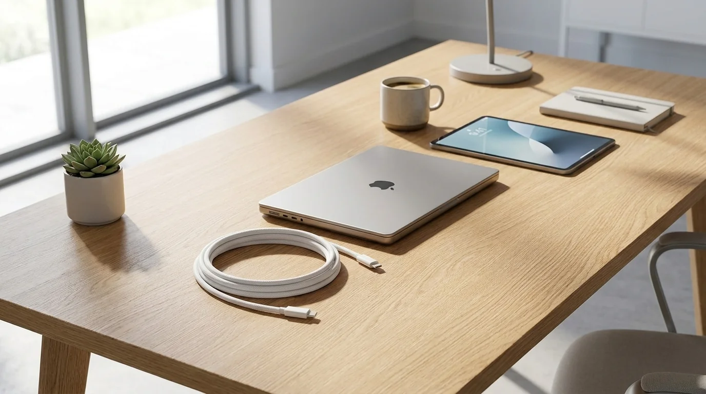 Bílý opletený USB-C kabel Apple svinutý na dřevěném stole vedle zavřeného MacBooku a iPadu.