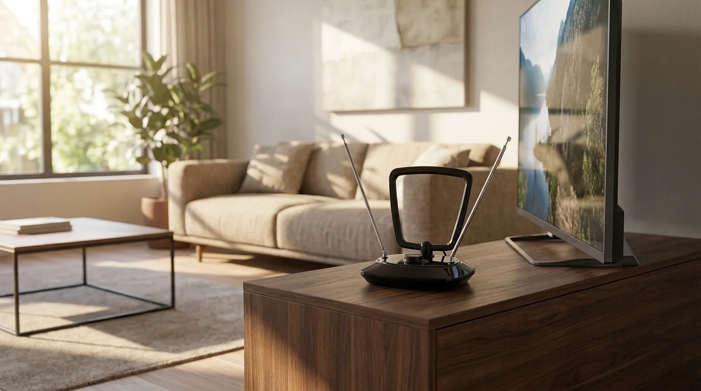 Černá pokojová anténa Philips SDV5200/12 na dřevěném televizním stolku vedle obrazovky v moderním obývacím pokoji.