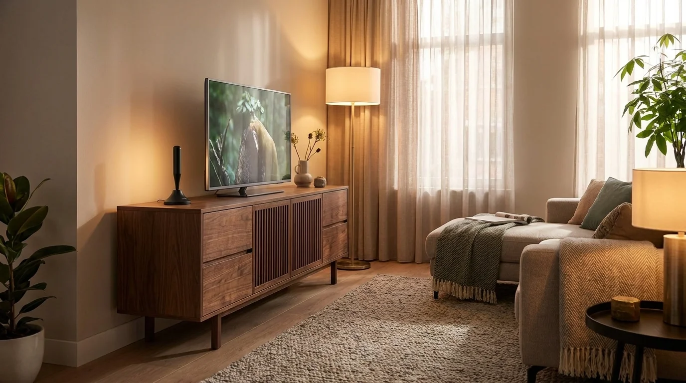 Čierna digitálna anténa Philips SDV5300/12 umiestnená vedľa televízora na drevenej skrinke v obývacej izbe.