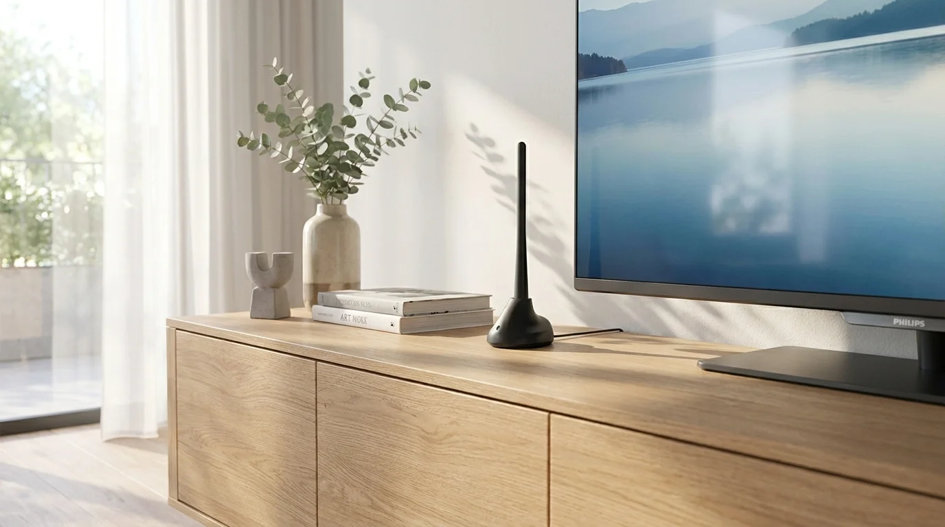 Černá pokojová anténa Philips SDV5100/12 postavená na dřevěné skříňce vedle televize.