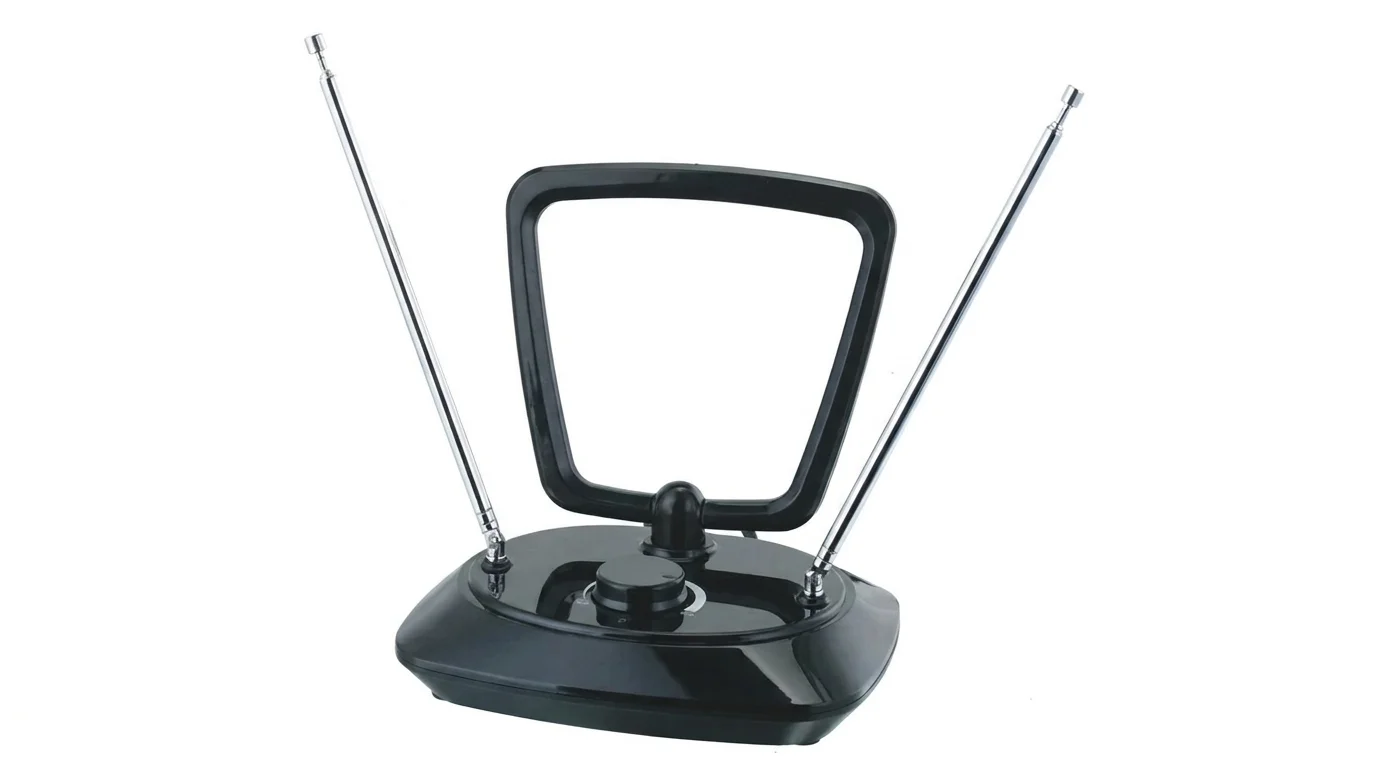 Černá pokojová anténa Philips SDV5200/12 s centrální smyčkou, otočným ovladačem a dvěma teleskopickými pruty.