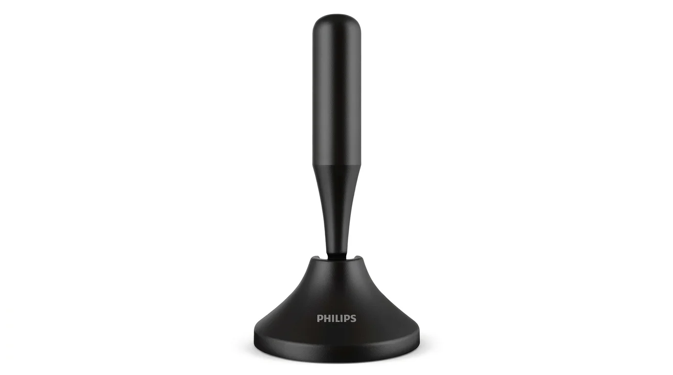 Čierna digitálna anténa Philips SDV5300/12 stojaca na kruhovej základni.