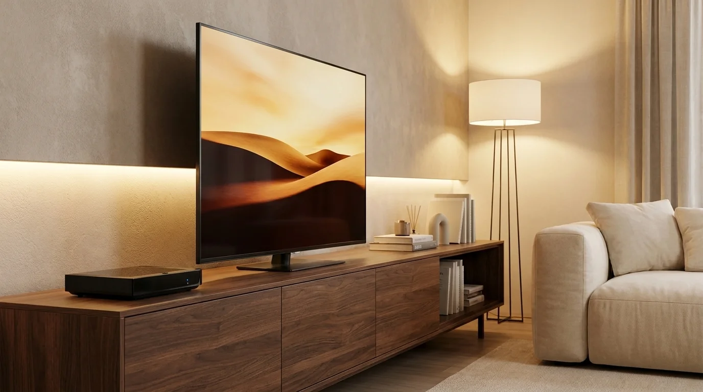 Černý satelitní přijímač Kaon MZ102 umístěný na dřevěném TV stolku vedle televizoru v obývacím pokoji.