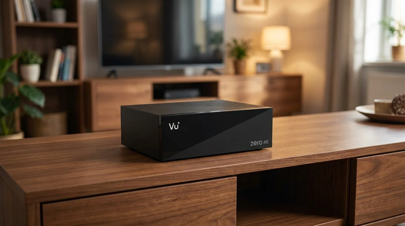 Černý satelitní přijímač VU+ ZERO 4K umístěný na dřevěném televizním stolku v obývacím pokoji.