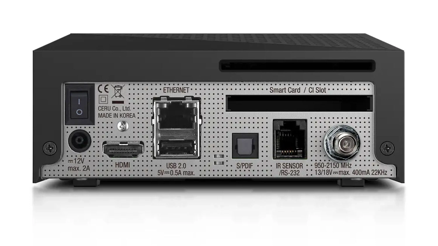 Zadní panel satelitního přijímače VU+ ZERO 4K s konektory HDMI, LAN, USB, S/PDIF, čtečkou karet a satelitním vstupem.