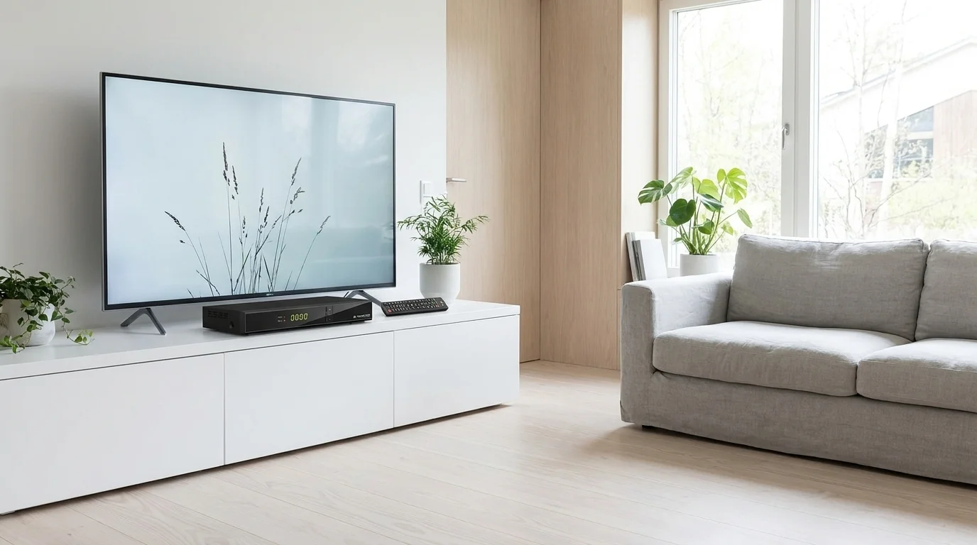 Černý satelitní přijímač AB CryptoBox 700HD s dálkovým ovladačem na bílém TV stolku pod televizí v moderním obývacím pokoji.