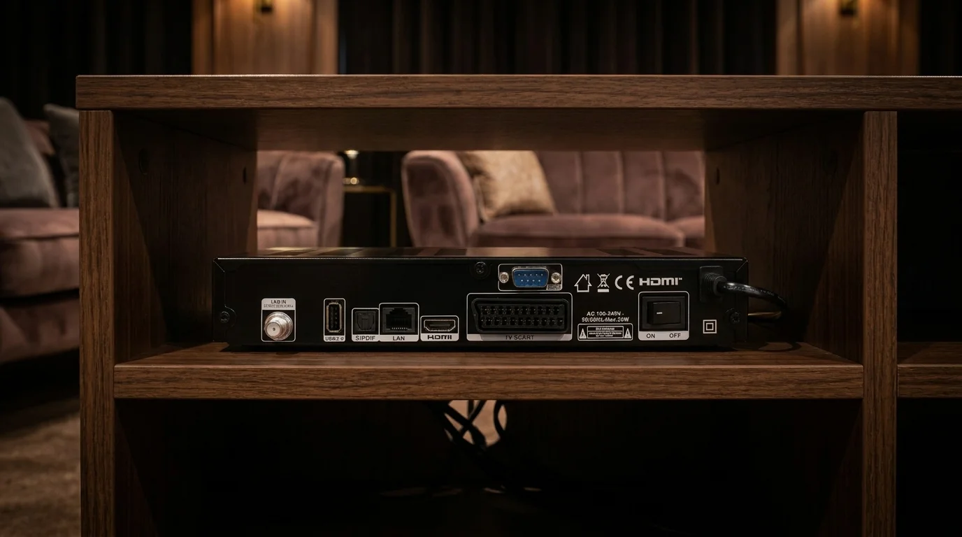 Zadní panel satelitního přijímače AB CryptoBox 700HD s konektory HDMI, SCART a LAN v dřevěné polici.