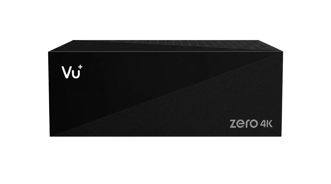 Přední strana černého satelitního přijímače VU+ ZERO 4K s logy Vu+ a zero 4K.