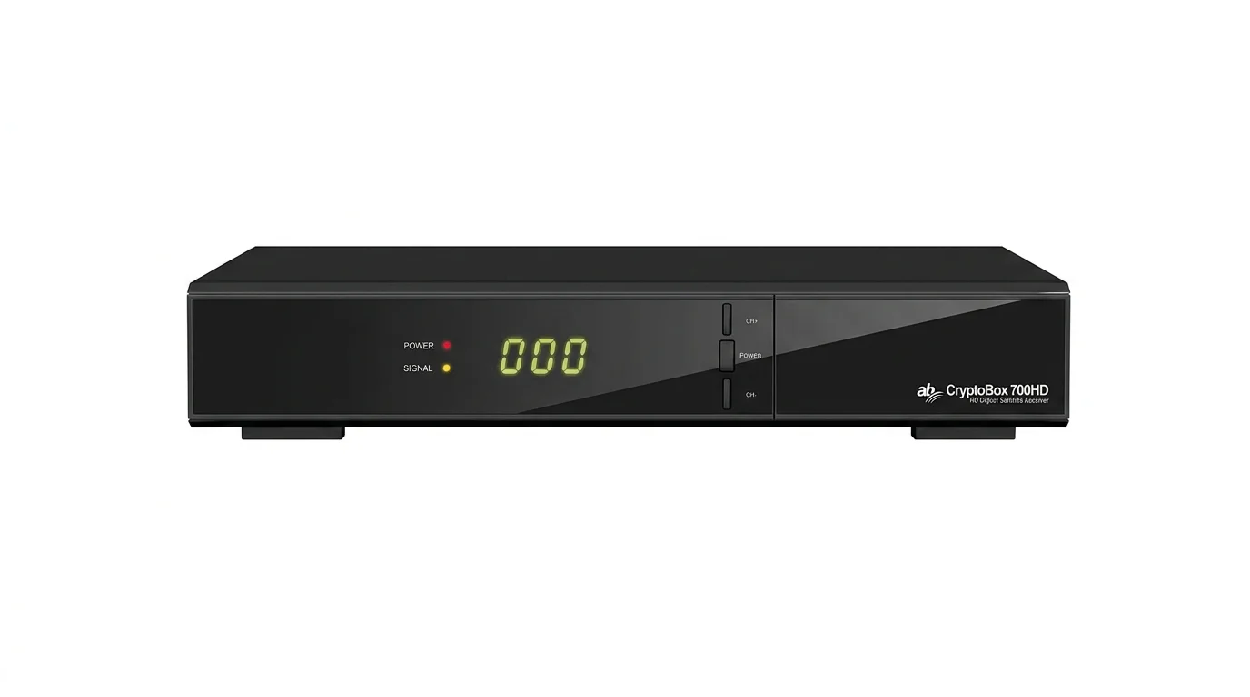 Černý satelitní přijímač AB CryptoBox 700HD s čelním displejem, indikačními diodami a ovládacími tlačítky.