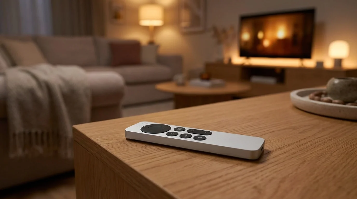 Dálkový ovladač Apple TV Remote položený na dřevěném stole v obývacím pokoji s televizí v pozadí.