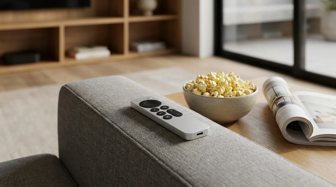 Dálkový ovladač Apple TV Remote položený na opěrce šedé pohovky vedle stolku s miskou popcornu.