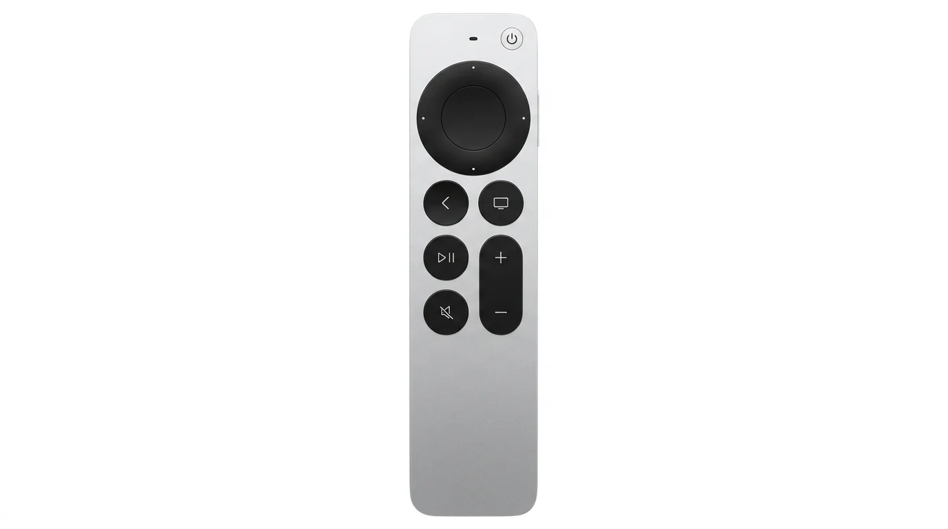 Stříbrný dálkový ovladač Apple TV Remote s černým dotykovým clickpadem a ovládacími tlačítky na přední straně.