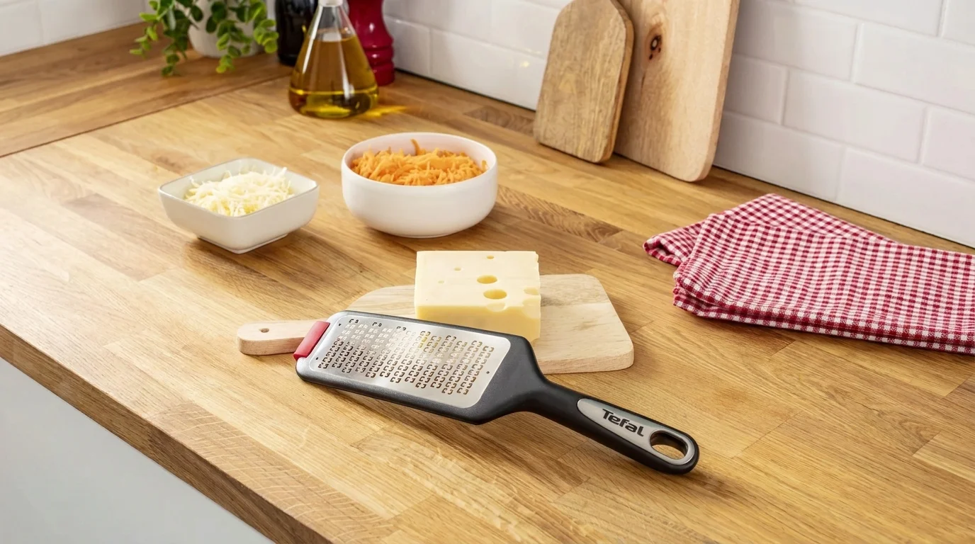 Ruční struhadlo Tefal Ingenio na dřevěné kuchyňské lince vedle prkénka se sýrem a misek s nastrouhaným sýrem.