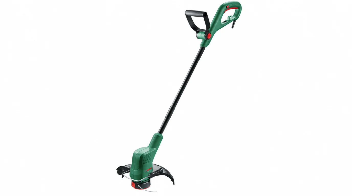 Zelená strunová zahradní sekačka Bosch EasyGrassCut 23 s černou tyčí, přídavnou rukojetí a ochranným krytem struny.