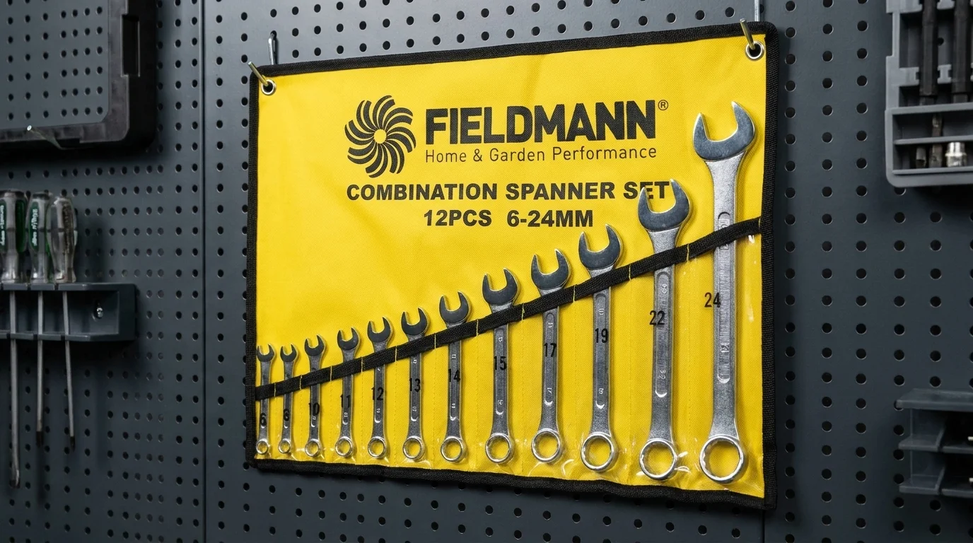 Sada 12 klíčů Fieldmann FDN 1010 uspořádaných ve žluté závěsné plachtě na dílenské stěně.