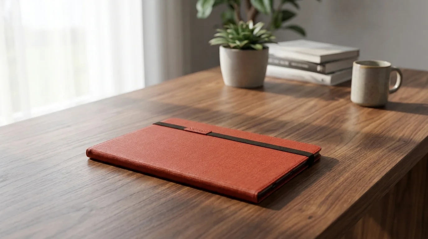 Zavřené červené pouzdro na tablet Yenkee YBT 1015CT zajištěné elastickým páskem leží na dřevěném stole.