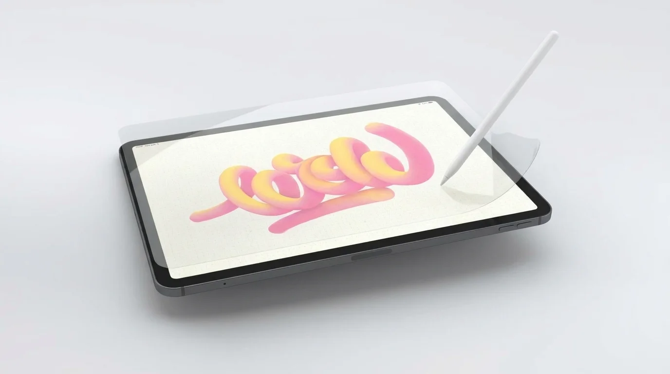 Ochranná fólie Paperlike nad displejem iPadu Pro s barevnou grafikou a bílým stylusem.
