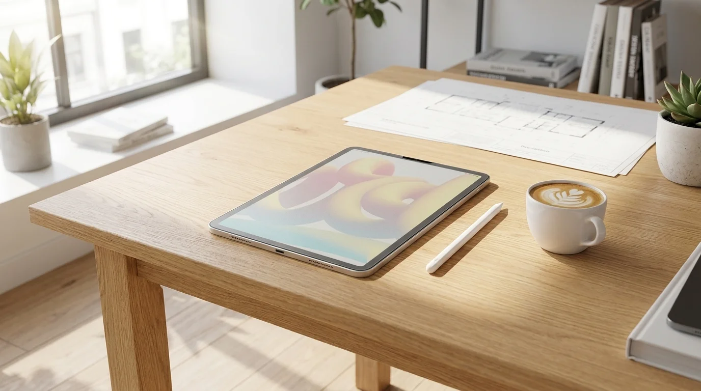 Tablet iPad s matnou ochrannou fólií Paperlike ležící na dřevěném stole vedle stylusu a šálku kávy.