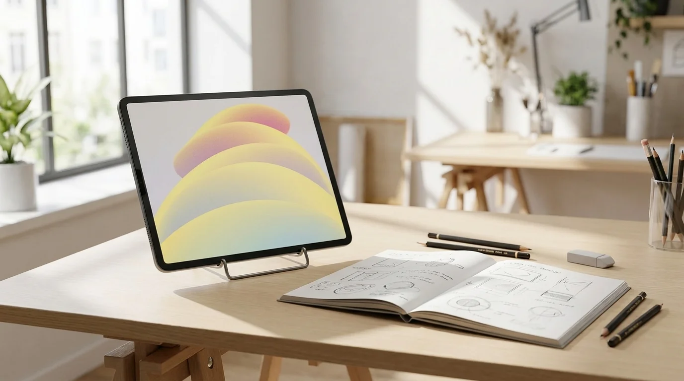 Tablet iPad Pro s matným displejem na stojánku na stole vedle otevřeného skicáku a tužek.