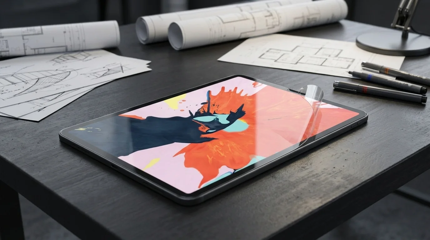 Ochranná fólie Epico Paper-Like na displeji tabletu iPad položeného na pracovním stole mezi nákresy a pery.