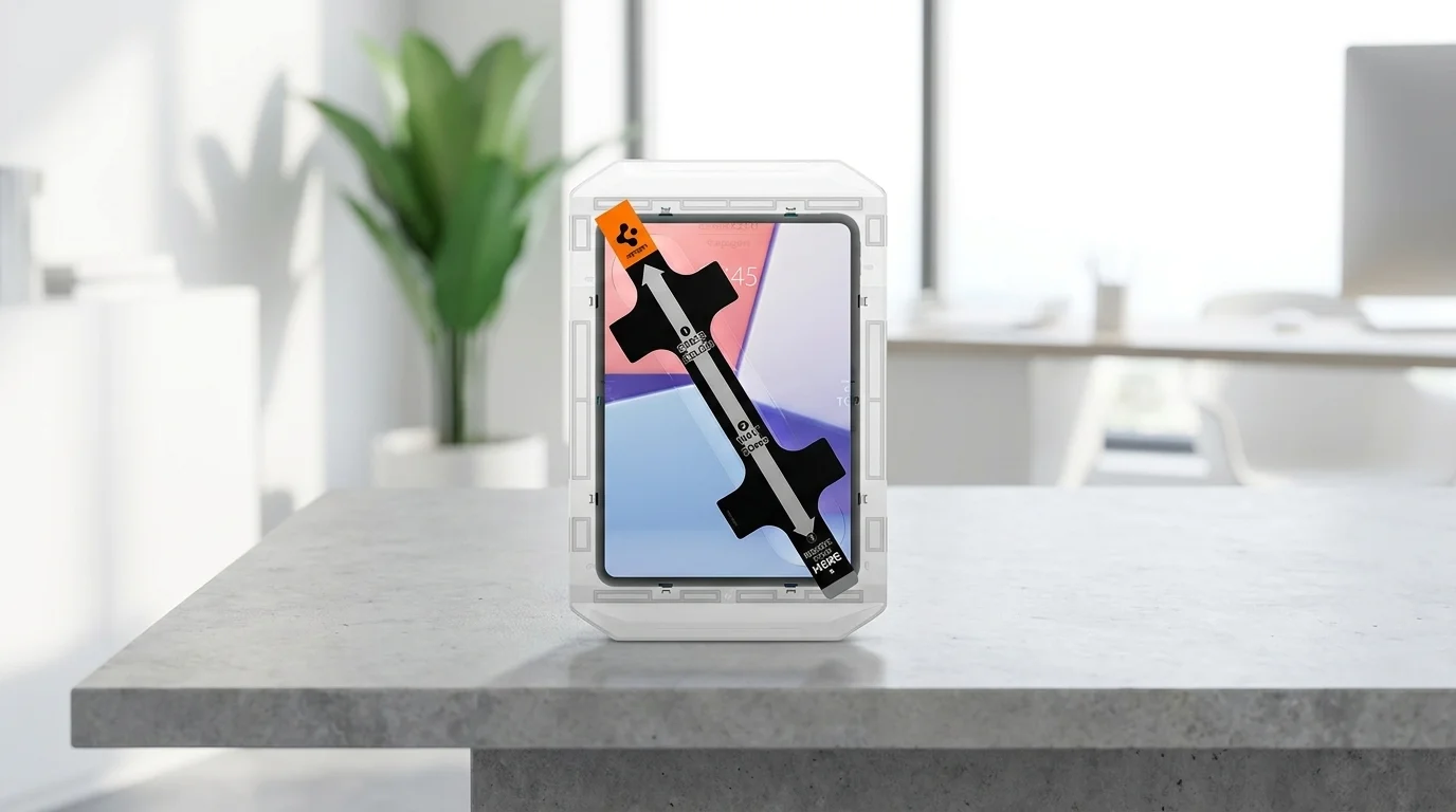 Instalační rámeček Spigen Glas.tR EZ Fit nasazený na tabletu iPad Pro postaveném na desce stolu.