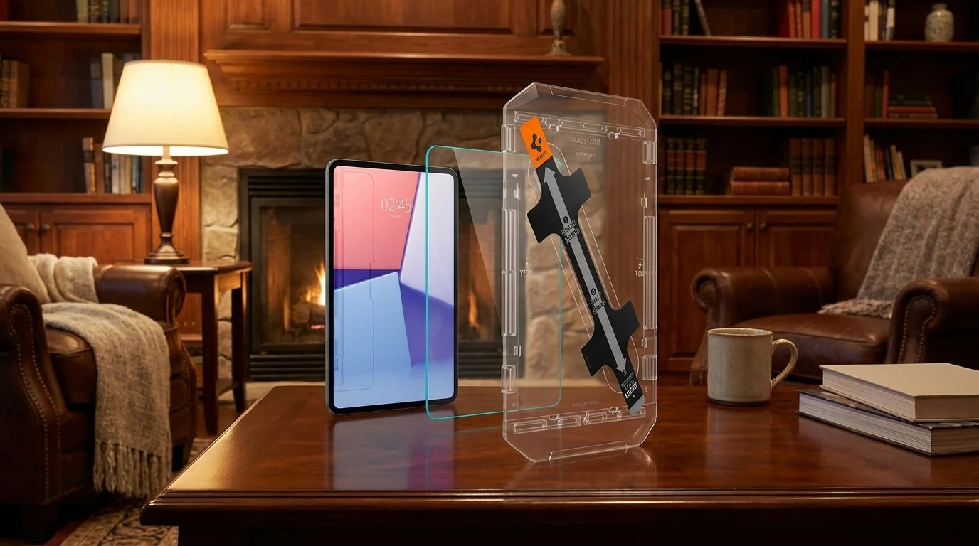 Tvrzené sklo a instalační rámeček Spigen Glas.tR EZ Fit stojící vedle tabletu na dřevěném stole.