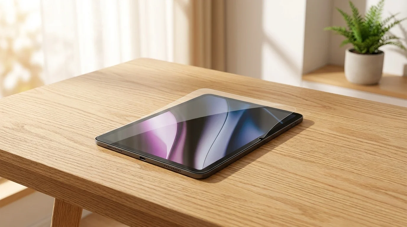Ochranné sklo Epico Flexiglass nad displejem tabletu iPad položeného na dřevěném stole.
