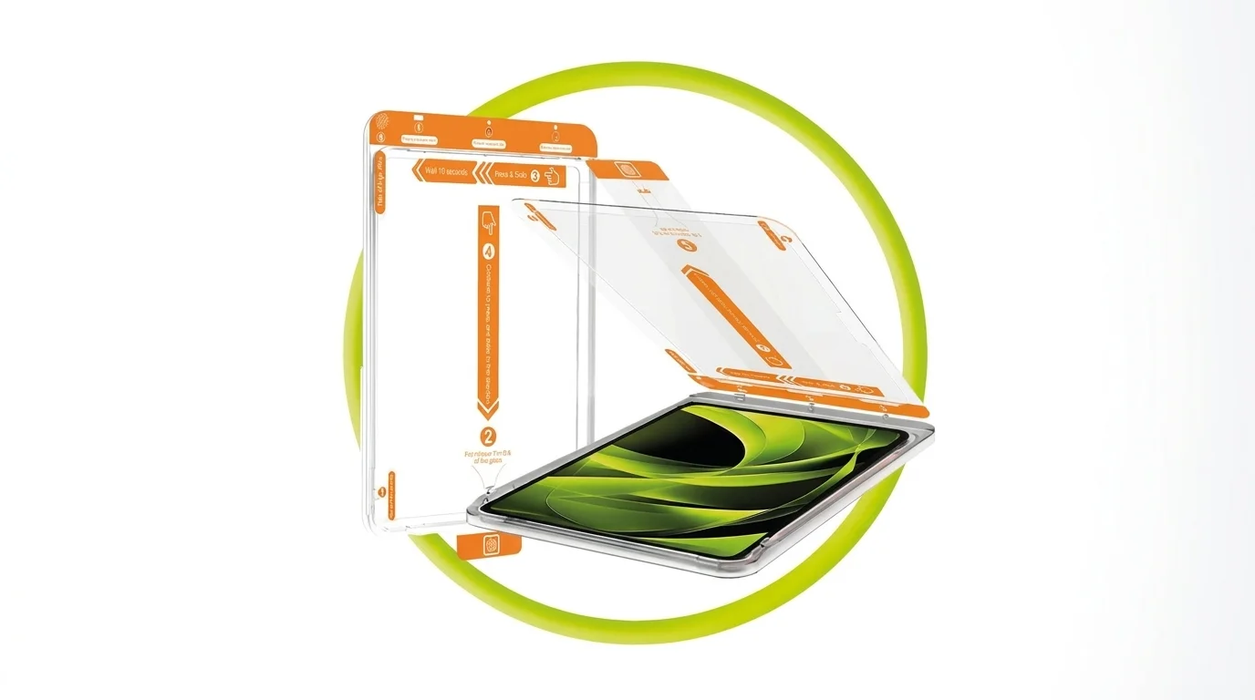 Instalace ochranného skla Mobile Origin na tablet iPad Pro pomocí přesného aplikačního rámečku s vodicí fólií.