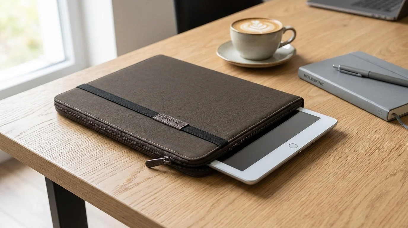 Hnědé pouzdro pro tablet Yenkee YBT 1015BK položené na dřevěném stole s částečně zasunutým tabletem.