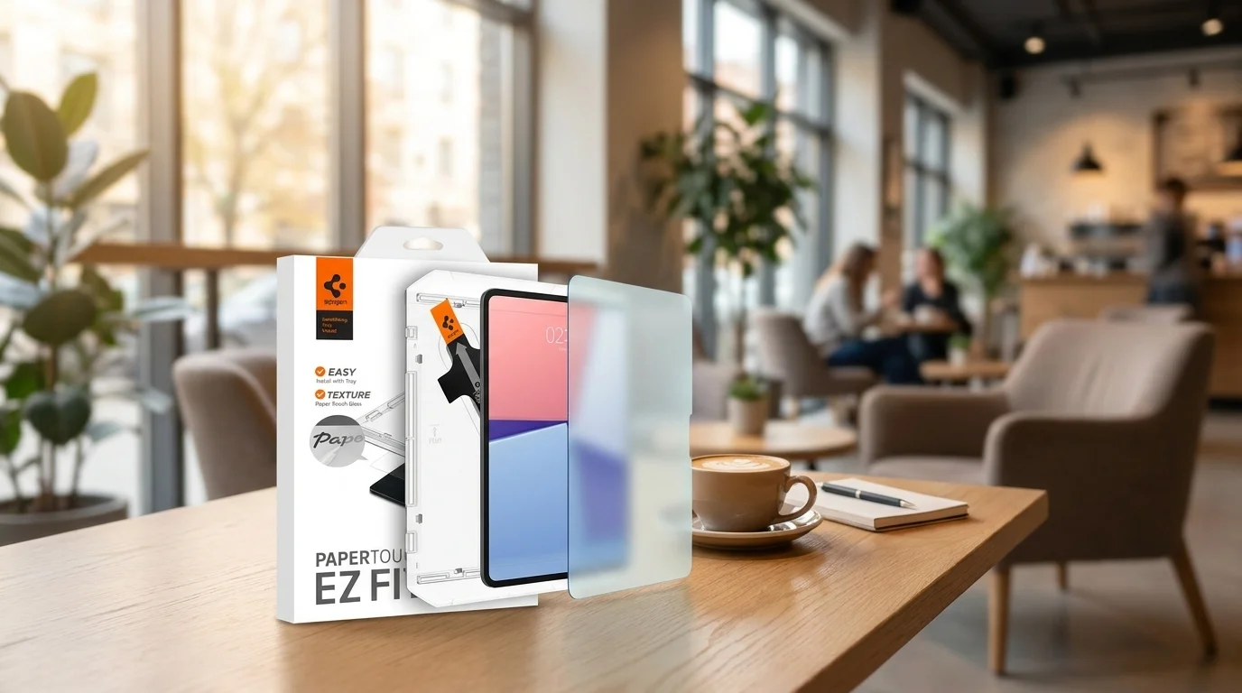 Balení ochranného skla Spigen Paper Touch EZ Fit s instalačním rámečkem a matným sklem na dřevěném stole v kavárně.