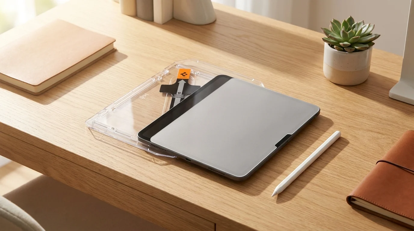 Tablet iPad Pro s matným ochranným sklem a instalačním rámečkem Spigen EZ Fit na dřevěném stole vedle stylusu.