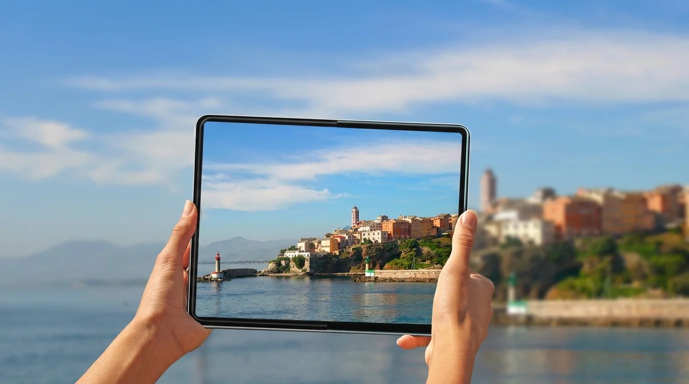 Ruce držící tablet iPad Pro s ochranným sklem, na jehož displeji je zobrazeno přímořské městečko.