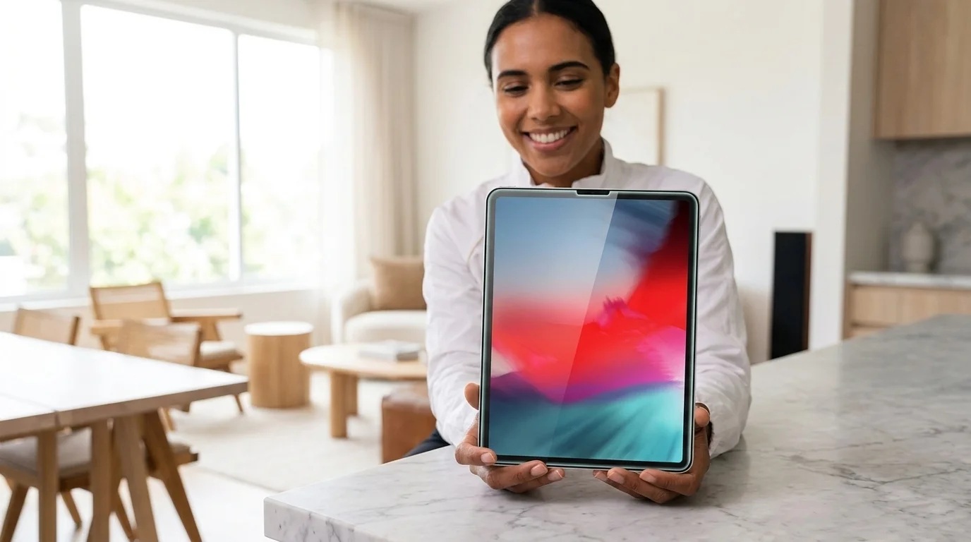 Žena ukazuje tablet iPad Pro s aplikovaným čirým ochranným sklem Spigen Glass Slim.